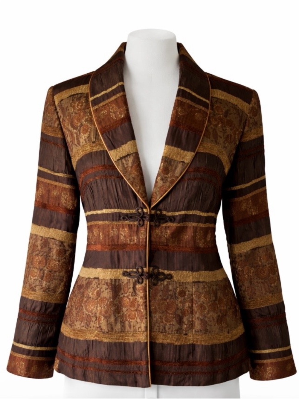 Danny & Nicole Tapestry Jacket Sz 8 Brown Gold Tones Textured Frog Closures